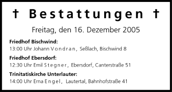 Anzeige von Bestattungen vom 16.12.2005 von MGO