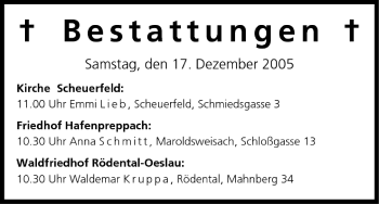 Anzeige von Bestattungen vom 17.12.2005 von MGO