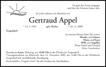 Anzeige von Gertraud Appel von MGO