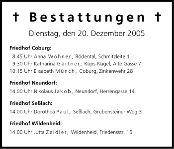 Anzeige von Bestattungen vom 20.12.2005 von MGO