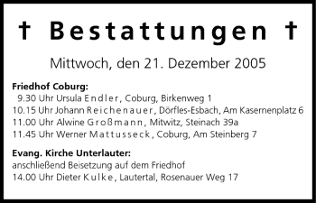 Anzeige von Bestattungen vom 21.12.2005 von MGO