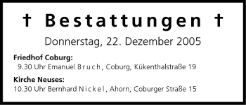 Anzeige von Bestattungen vom 22.12.2005 von MGO
