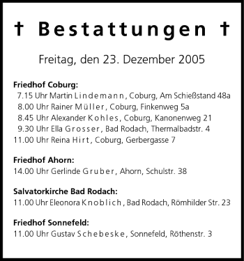 Anzeige von Bestattungen vom 23.12.2005 von MGO