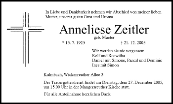 Anzeige von Anneliese Zeitler von MGO