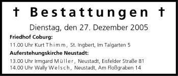Anzeige von Bestattungen vom 27.12.2005 von MGO