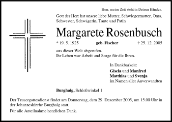 Anzeige von Margarete Rosenbusch von MGO