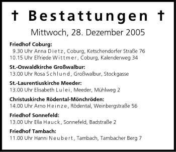 Anzeige von Bestattungen vom 28.12.2005 von MGO