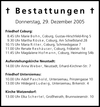 Anzeige von Bestattungen vom 29.12.2005 von MGO