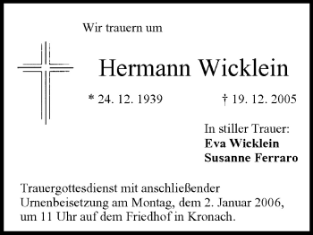 Anzeige von Hermann Wicklein von MGO