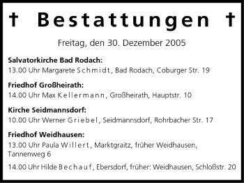 Anzeige von Bestattungen vom 30.12.2005 von MGO