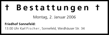 Anzeige von Bestattungen vom 02.01.2006 von MGO