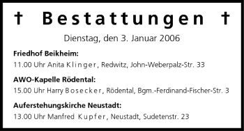 Anzeige von Bestattungen vom 03.01.2006 von MGO