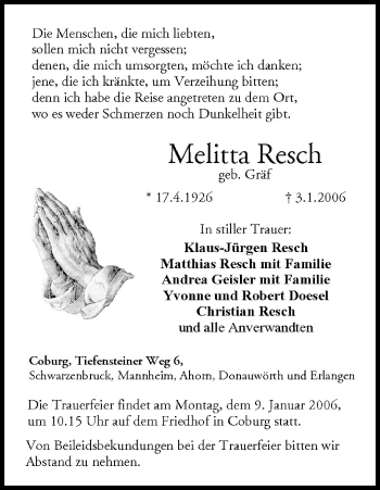 Anzeige von Melitta Resch von MGO
