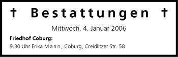 Anzeige von Bestattungen vom 04.01.2006 von MGO