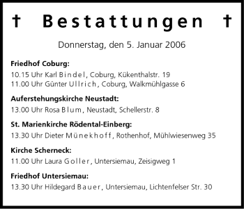 Anzeige von Bestattungen vom 05.01.2006 von MGO
