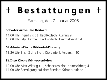 Anzeige von Bestattungen vom 06.01.2006 von MGO