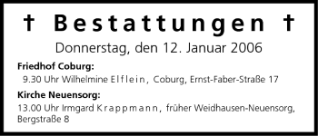 Anzeige von Bestattungen vom 12.01.2006 von MGO