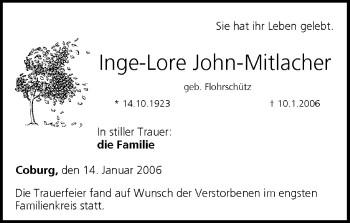 Anzeige von Inge-Lore John-Mitlacher von MGO