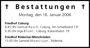 Anzeige von Bestattungen vom 16.01.2006 von MGO