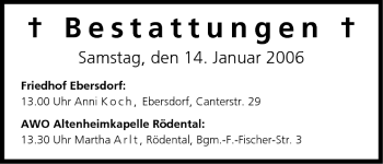 Anzeige von Bestattungen vom 14.01.2006 von MGO