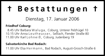 Anzeige von Bestattungen vom 17.01.2006 von MGO