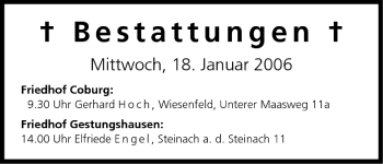 Anzeige von Bestattungen vom 18.01.2006 von MGO
