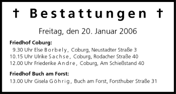 Anzeige von Bestattungen vom 20.01.2006 von MGO