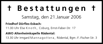 Anzeige von Bestattungen vom 21.01.2006 von MGO