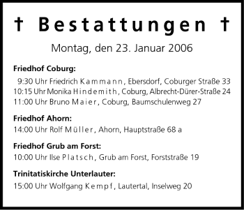 Anzeige von Bestattungen vom 23.01.2006 von MGO