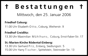 Anzeige von Bestattungen vom 25.01.2006 von MGO