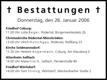 Anzeige von Bestattungen vom 26.01.2006 von MGO
