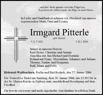 Anzeige von Irmgard Pitterle von MGO