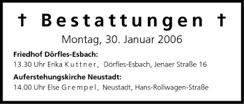 Anzeige von Bestattungen vom 30.01.2006 von MGO