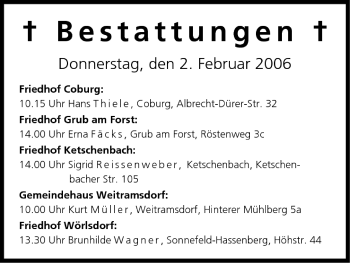 Anzeige von Bestattungen vom 02.02.2006 von MGO