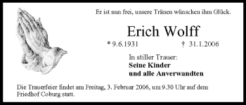 Anzeige von Erich Wolff von MGO