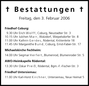 Anzeige von Bestattungen vom 03.02.2006 von MGO