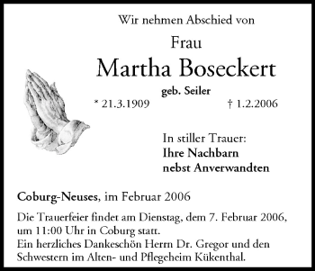 Anzeige von Martha Boseckert von MGO