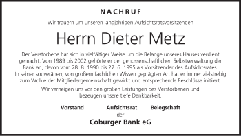 Anzeige von Dieter Metz von MGO