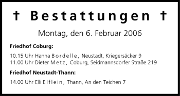 Anzeige von Bestattungen vom 06.02.2006 von MGO