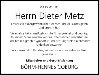 Anzeige von Dieter Metz von MGO
