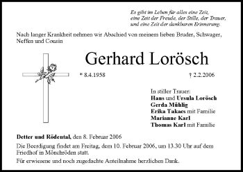 Anzeige von Gerhard Lorösch von MGO