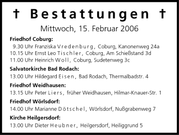 Anzeige von Bestattungen vom 15.02.2006 von MGO