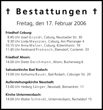 Anzeige von Bestattungen vom 17.02.2006 von MGO