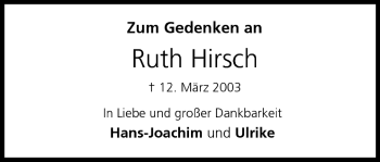 Anzeige von Ruth Hirsch von MGO