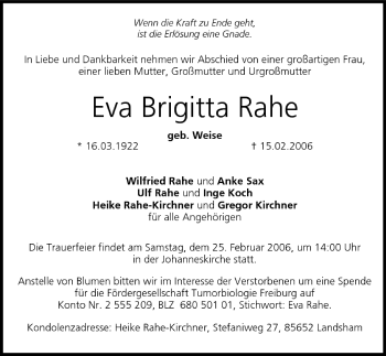 Anzeige von Eva Brigitta Rahe von MGO