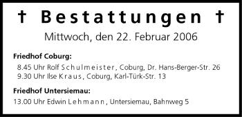 Anzeige von Bestattungen vom 22.02.2006 von MGO