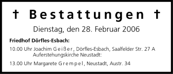 Anzeige von Bestattungen vom 28.02.2006 von MGO