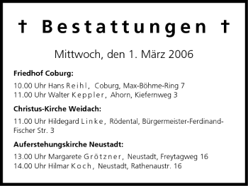 Anzeige von Bestattungen vom 01.03.2006 von MGO