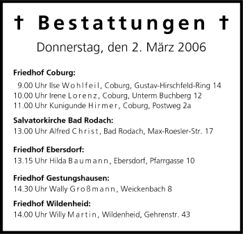 Anzeige von Bestattungen vom 02.03.2006 von MGO