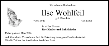 Anzeige von Ilse Wohlfeil von MGO